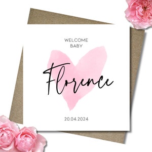 Personalised new baby card & envelope. Pink heart. Baby girl card. Welcome customised birth card. 12.5cm square card. Modern font.