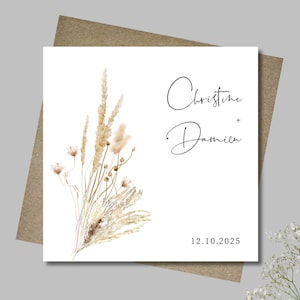 Personalised wedding card & envelope. 12.5cm square card. Customised. Bride and Groom. Simple dried flower bunch branch. Rustic natural.
