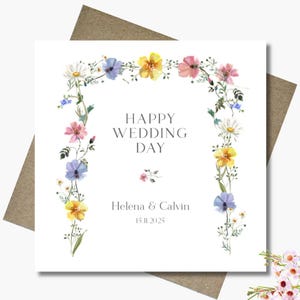 Personalised wedding card & envelope. 12.5cm sq. card. Customised. Bride and Groom. Wildflower arch. Pastel flowers.Boho.Floral.