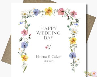 Personalised wedding card & envelope. 12.5cm sq. card. Customised. Bride and Groom. Wildflower arch. Pastel flowers.Boho.Floral.