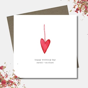 Personalised wedding card & envelope. 12.5cm square card. Customised Bride and Groom red rustic heart. Couple's name. Modern font.
