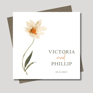 Personalised wedding card & envelope. 12.5cm square card. Customised. Bride and Groom. Date. Floral. Rustic.