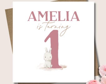 Personalised pink bunny birthday card & envelope. 12.5cm sq. card. Customised. All age birthday. First birthday. Child. Girl. Number one.