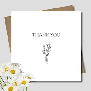 Bulk thank you card and envelopes 12.5 cm square. Simple flower bunch. Sketched floral bouquet. Minimalist. Black and white.