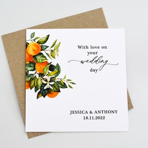 Personalised wedding card & envelope. 12.5cm square card. Customised. Bride and Groom. Date. Citrus fruit. Orange blossom branch. Rustic.