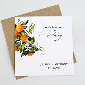 Personalised wedding card & envelope. 12.5cm square card. Customised. Bride and Groom. Date. Citrus fruit. Orange blossom branch. Rustic.