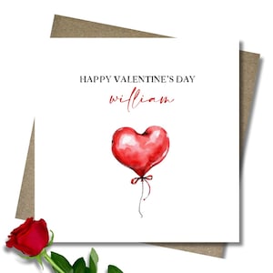 Personalised Valentine's card & envelope. 12.5cm square card. Customised love card. Red heart balloon card. Handwritten font.