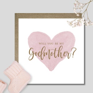 Godparents, Godmother, Godfather card & envelope. 12.5cm card. Pink blue green beige watercolour heart. Gold font. Will you?