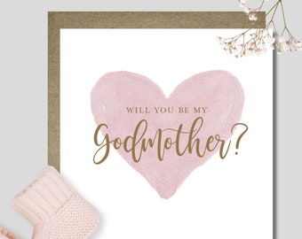Godparents, Godmother, Godfather card & envelope. 12.5cm card. Pink blue green beige watercolour heart. Gold font. Will you? Proposal card.
