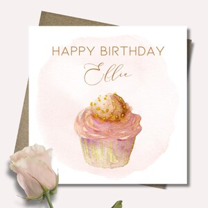 Personalised pink cupcake birthday card & envelope. 12.5cm square card. Customised. Cake name card. Pink. Girl. Sparkles. Rose gold.