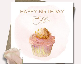 Personalised pink cupcake birthday card & envelope. 12.5cm square card. Customised. Cake name card. Pink. Girl. Sparkles. Rose gold.