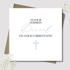 Personalised Boy Baptism Christening card & envelope. 12.5cm square card. Customised Christening card. Blue cross.Godson.Grandson.Nephew.Son