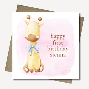 Personalised pink giraffe birthday card & envelope. 12.5cm sq. card. Customised girl card. First birthday. Age. Toddler.