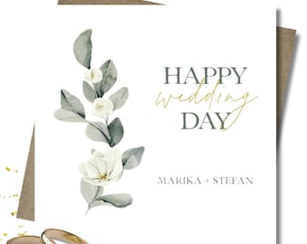 Personalised wedding card & envelope. 12.5cm square card. Customised. Bride and Groom. Simple native greenery white floral. Rustic.