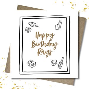 Personalised gold and black birthday card & envelope. 12.5cm card. Customised. Happy Birthday. Whimsical. Imperfect. Sketch. Drawing.