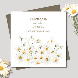 Personalised wedding card & envelope. 12.5cm square card. Customised. Bride and Groom. Date. Daisy floral bunch. Rustic.