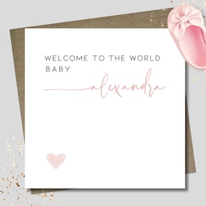 Personalised new baby card & envelope. 12.5 x 12.5cm square card. Customised welcome to the world card. Girl baby card. Pink heart.