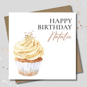 Personalised gold birthday cupcake card & envelope. 12.5cm sq. Customised name card. Male. Female. Child. Sparkles. Swirly icing. Gourmet.