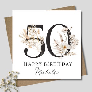 Personalised dried flower bunch birthday card. Square 12.5cm card and envelope. Customised number card.  Natural rustic arrangement.