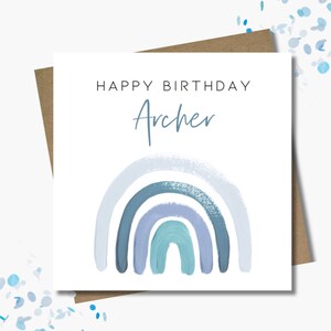Personalised children's age and name rainbow birthday card & envelope. 12.5cm square card. Customised number card. Blue boy girl card.