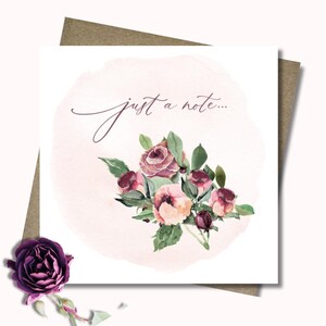 Just a note. Rose floral bunch blank cards and envelopes. Square 12.5cm. Pink. Burgundy. Wild roses.  Note cards.