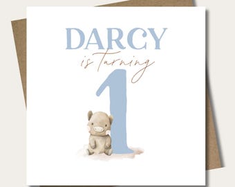 Personalised farmyard birthday card & envelope. 12.5cm sq. card. Customised. All age birthday. First birthday. Child. Boy. One.Two.Three.