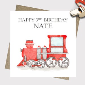Personalised red train birthday card & envelope. 12.5cm sq. card. Customised. All age birthday. Boy. Train engine. Retro train. Locomotive.