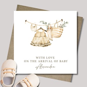 Personalised new baby girl watercolour rustic card & envelope. 12.5cm square card. Customised. Welcome baby card. Nursery clothing. Boho.