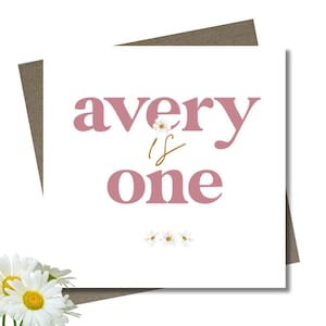 Personalised pink daisy birthday card & envelope. 12.5cm sq. card. Customised. All age birthday. First birthday. Child. Girl. One.Two.Three.