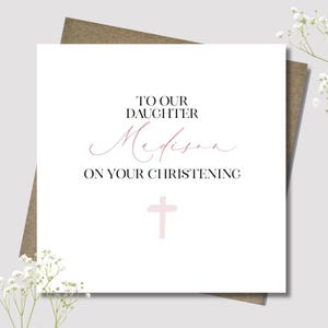 Personalised Girl Baptism Christening card & envelope. 12.5cm sq card. Customised card. Pink cross.Goddaughter.Niece.Daughter.Granddaughter.