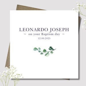 Personalised Boy Baptism card & envelope. 12.5cm square card.Customised.Christening.Baptism.Holy Communion.Naming day.Green sprig.Minimal.