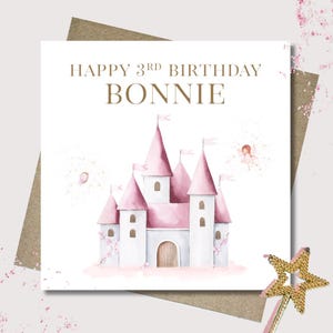 Personalised pink fairy castle birthday card & envelope. 12.5cm sq. card. Customised girl card. First birthday. Girl. Butterfly