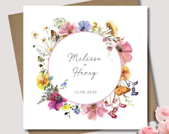 Personalised wedding card & envelope. 12.5cm sq. card. Customised. Bride and Groom. Date. Wildflower. Pastel flowers. Floral. Flower wreath.