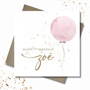 Personalised birthday card & envelope. 12.5cm sq. card. Customised pink balloon card. All age birthday. First birthday. Child. Girl.