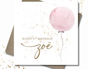 Personalised birthday card & envelope. 12.5cm sq. card. Customised pink balloon card. All age birthday. First birthday. Child. Girl.