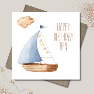 Personalised blue boat birthday card & envelope. 12.5cm sq. card. Customised. All age birthday. Boy. Dad. Father. Grandfather.