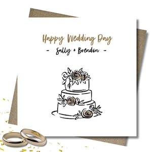 Personalised wedding card & envelope. 12.5cm sq. card. Customised. Bride and Groom. Date. Wedding cake. Whimsical. Hand-drawn. Gold. Black.