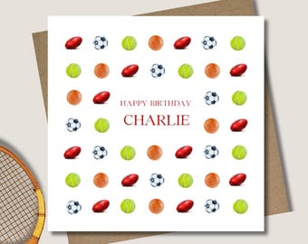 Personalised sports ball birthday card & envelope. 12.5cm card. Customised. Happy Birthday. Tennis. AFL. Soccer. Basketball. Boy card.