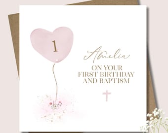 Personalised Girl Baptism and birthday card & envelope. 12.5cm square card. Customised.Christening.Baptism.Dedication.Pastel pink.