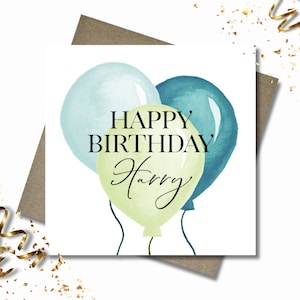 Personalised birthday card & envelope. 12.5cm square card. Customised blue, green, turquoise. Balloon card. Boy. Girl. All age.