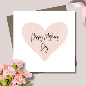 Mother's Day card & envelope. 12.5cm square card. Heart card. Pink card. Modern handwritten font. Pink watercolour. Mum's day.