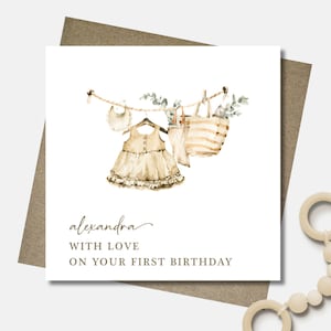 Personalised first second third birthday girl card & envelope. 12.5cm square card. Customised. Nursery clothing. Boho. Watercolour rustic.