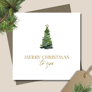 Bulk Merry Christmas cards and envelopes. 12.5cm square. Christmas fir tree. Watercolour. Gold. Green. Brown. Simple. Minimal. Rustic.