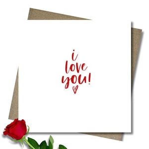Red heart Love / Anniversary / Wedding. I love you.  Bride. Groom card & envelope. 12.5cm square card.  Modern handwritten font. Simple.