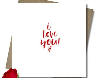 Red heart Love / Anniversary / Wedding. I love you.  Bride. Groom card & envelope. 12.5cm square card.  Modern handwritten font. Simple.