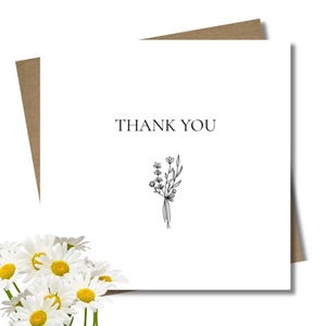 Thank you card and envelope 12.5 cm square. Simple flower bunch. Sketched floral bouquet. Minimalist. Black and white.