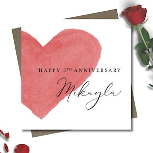 Personalised Anniversary card & envelope. 12.5cm square card. Customised love card. Watercolour red heart card. Modern handwritten font.