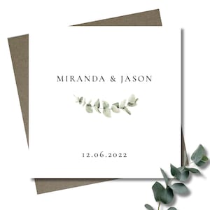 Personalised wedding card & envelope. 12.5cm square card. Customised. Bride and Groom. Eucalypt greenery branch. Rustic.