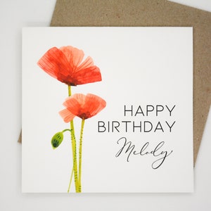 Personalised square gift card. 12.5cm. Customised name birthday card. Floral card. Watercolour poppy card. Red. Orange card.