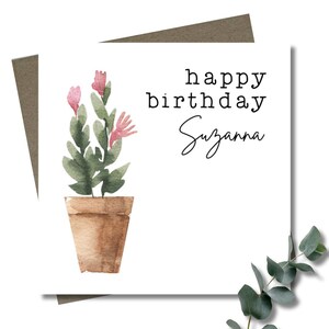Personalised plant birthday card. Square 12.5cm card and envelope. Customised pot plant card.  Pink flower potplant. Lisianthus. Garden.